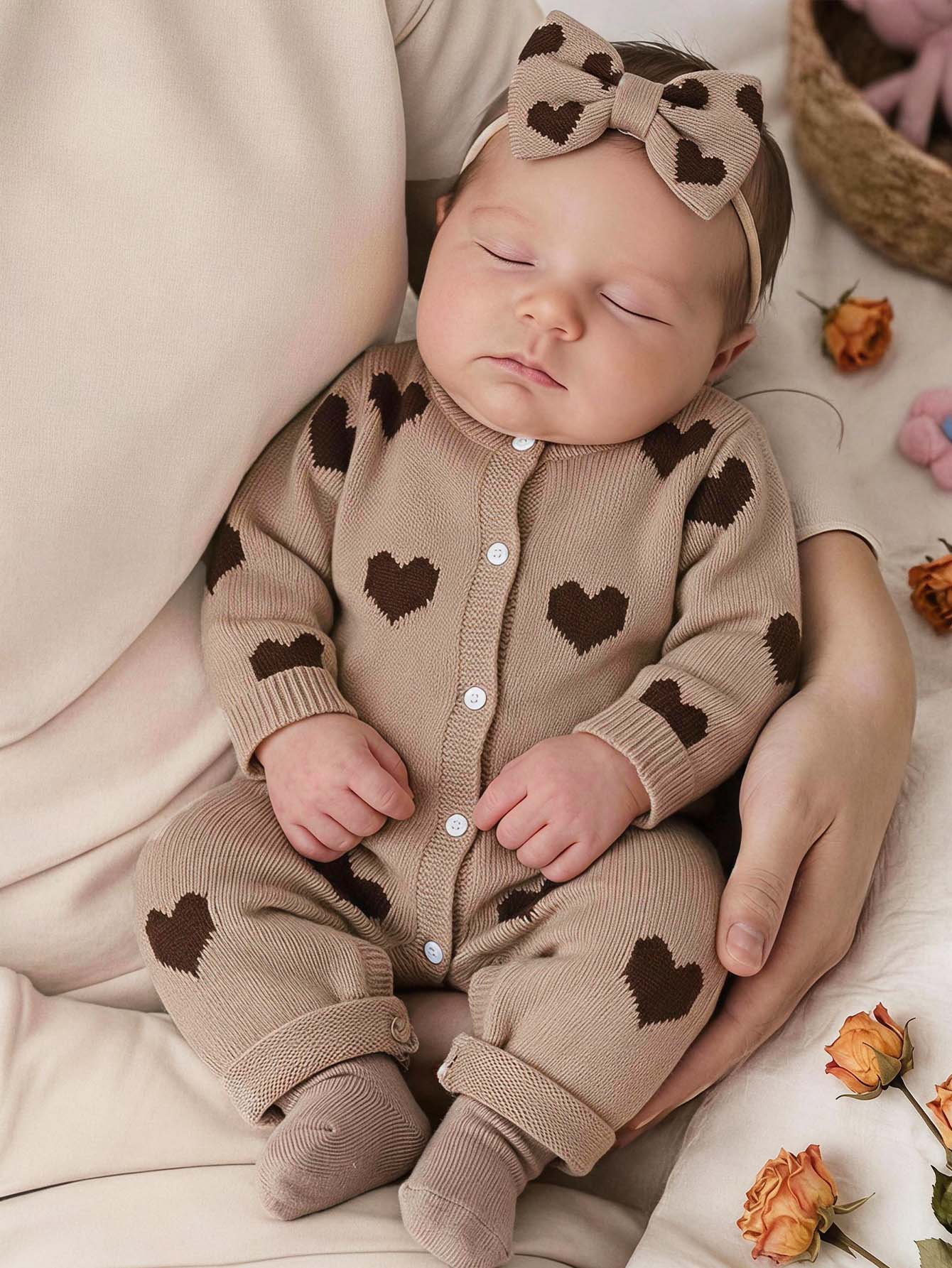 SHEIN Newborn Baby Girl Knit Autumn/Winter Cute Heart Pattern Romper - Multicolor - View 1