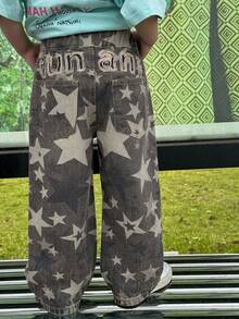 Hapijoa Young Boy Fashion Star Pattern Printed Denim Jeans With Pockets Fall - Army Green - View 2