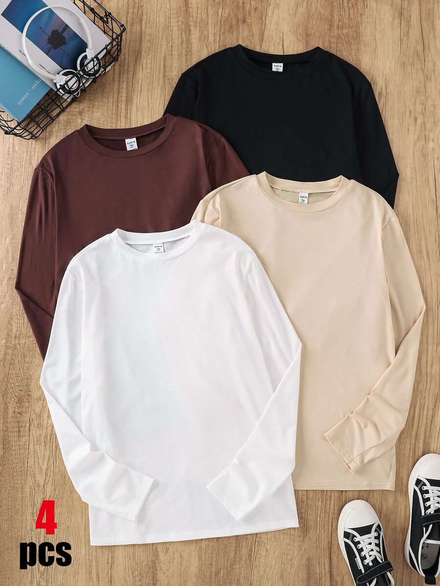 Kids 4pcs Teen Boy Casual Basic Solid Color Crew Neck Long-Sleeved T-Shirt; Suitable For Autumn And Winter, Back-To-School Season