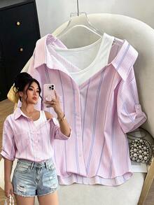 SHEIN LUNE CURVE Women's Fashion 2 In 1 Patchwork Short Sleeve Blouse Fall - Multicolor - View 4