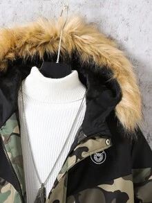 SHEIN 青少年男孩加厚外套，迷彩圖案，連帽毛領設計，時尚舒適，適合秋季與戶外穿著 - 黑色 - 查看 9