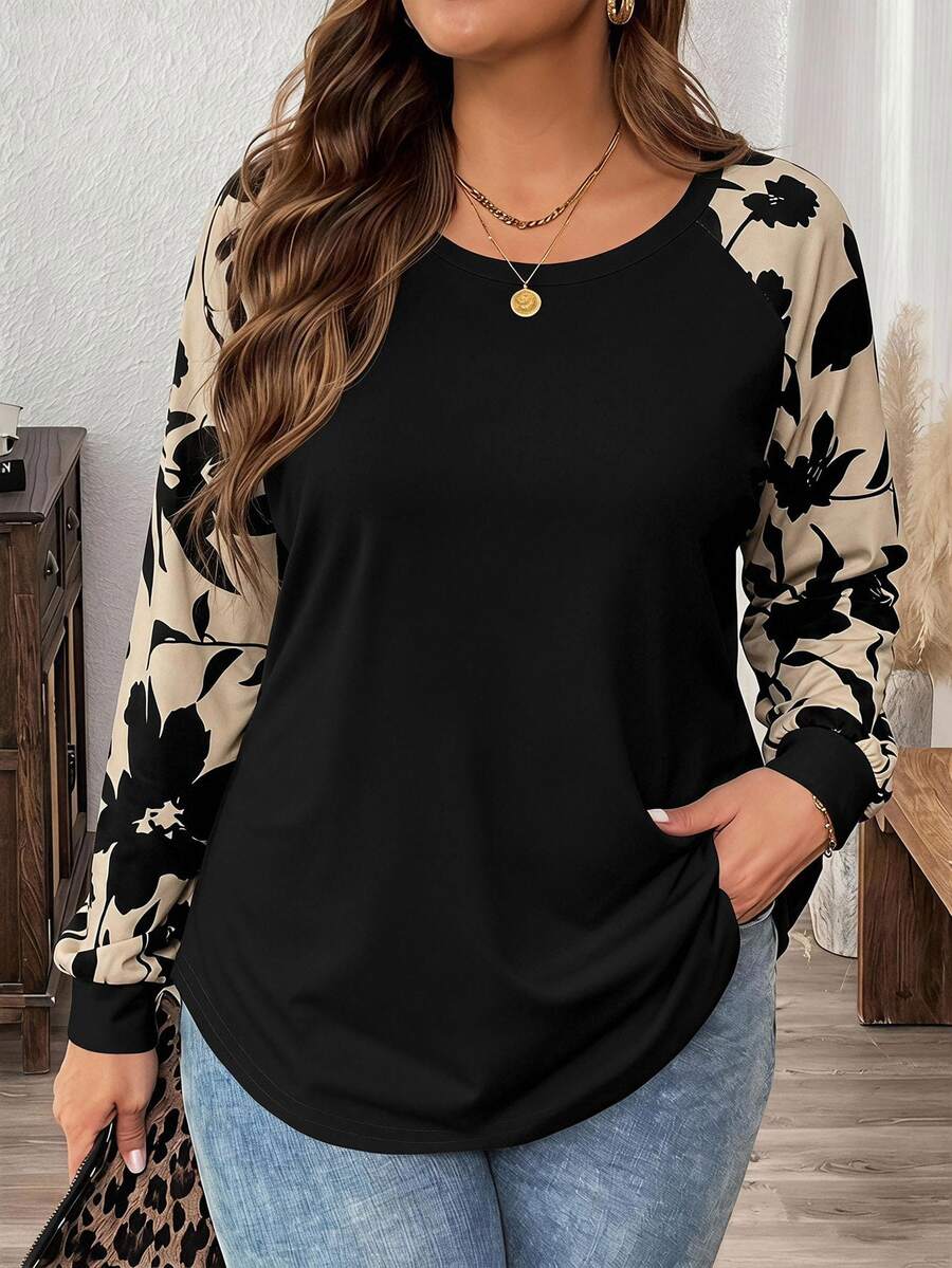 Comfylo Camiseta de manga raglán con estampado floral de contraste talla grande - Multicolor - Ver 1