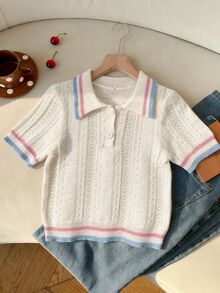 CovetEZ Contrast Trim Polo Neck Knit Top - Multicolor - View 5