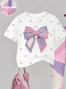 SHEIN Elladie kids 2件組復古粉色蝴蝶結印花T恤與喇叭褲，可愛夏季返校女童套裝，Y2K校園風，新款圓領短袖T恤搭配鬆緊腰喇叭長褲，簡約百搭時尚通勤套裝 - 彩色 - 查看 5