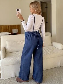 SHEIN 孕婦休閒牛仔吊帶褲 - 藍色 - 查看 2