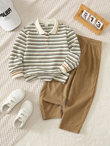 SHEIN Young Boy Loose Casual Kids Minimalist Comfortable Collared Bear Decor Sweatshirt And Pants Set - Khaki - View 6