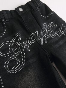 Kids Boys' 2pcs Set Black Denim Casual Long Sleeve Shirt And Pants With Shiny Rhinestone Star & Sun Pattern - Black - View 12