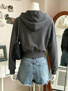 INAWLY Double Zip Hooded Crop Sweatshirt, Long Sleeve Pocket Casual Fitted Zip Up Jacket - Grey - View 2