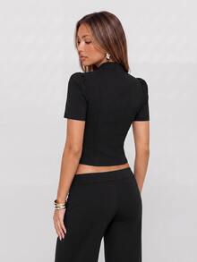 Avantive Women's European & American Vintage Waist-Cinching Cropped Design Top - Black - View 2
