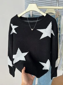 SHEIN 青少年女孩日常秋冬款星星圖案針織毛衣 - 黑與白 - 查看 7