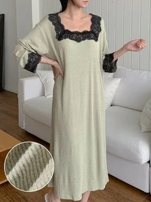 DAZY Women's Comfortable Versatile Lace Patchwork Long Sleeve Nightgown - Khaki - View 4