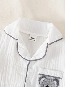 【1套隨機款】新生兒長袖翻領雙層梭織無彈力居家服，可愛考拉熊刺繡貼布，新生兒最佳禮物，居家穿著，百搭時尚，最佳選擇 - 彩色 - 查看 3