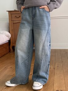 DAZY Tween Girl) Casual Loose Washed Distressed Patchwork Versatile Autumn/Winter Denim Jeans - Light Wash - View 6