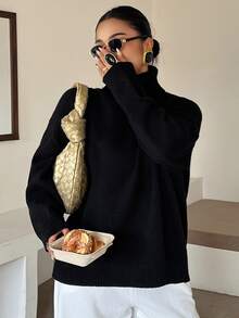 Dazy Plus Solid Color Casual Versatile Loose High Neck Autumn/Winter Long Sleeve Pullover Sweater - Black - View 2