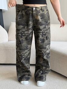 Dazy Plus Vintage Camouflage Cargo Pants Straight Fit Multi-Pocket Washed Distressed Casual Versatile Low Waist Jeans Fall - Army Green - View 8