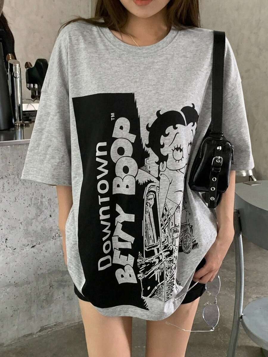 DAZY 女款卡通印花落肩寬鬆版型T恤 - 灰色 - 查看 1