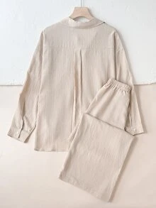 SHEIN 青少年女孩秋季新款杏色刺繡小馬圖案休閒極簡寬鬆長袖上衣與長褲套裝 - 杏色 - 查看 4
