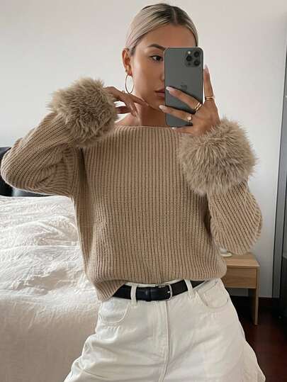 SHEIN Autumn/Winter Casual Khaki Fuzzy Cuff Sweater