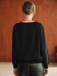 Anewsta 女款休閒亮片刺繡運動衫，秋季 - 黑色 - 查看 2