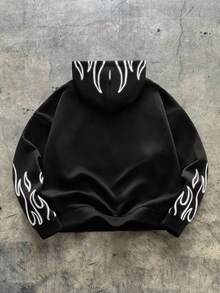 SHEIN 青少年男孩休閒街頭風連帽衫，螢光發光火焰圖案，適合秋季 - 黑色 - 查看 2