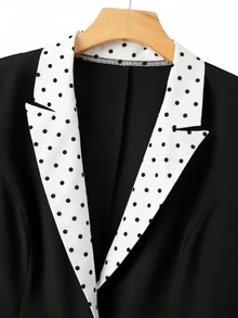 Yalmera Plus Size Women's Elegant Polka Dot Print Patchwork Blazer And Simple Long Pants Suit Set, Suitable For Workplace Office Formal Commute, Black Summer - Black - View 3