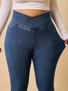 SHEIN Tall CURVE 大尺碼休閒水洗重疊腰頭修身牛仔褲 - 藍色 - 查看 1