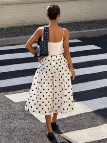 Muchica Women Summer Fall Casual Polka Dot Print Culottes, High Waist Tiered Ruffle A‑Line Swing Flowy 7/8 Length Wide Leg Skort With Functional Pockets - White - View 2
