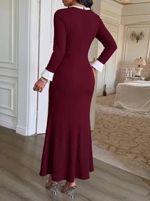 Modelyn Women's French Style Gentle Burgundy Textured Long Sleeve Chunky Knit Raw Edge Pearl Button Decorated Waist-Cinching Slimming Mermaid Mid-Length Bodycon Skirt - Burgundy - View 2