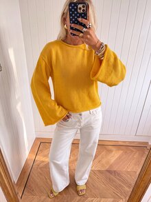 Avantive Sweater Kasual Lengan Panjang Bahu Longgar Warna Polos untuk Wanita, Cocok untuk Makan Siang Thanksgiving, Warna Kuning Mustard, dan Musim Gugur. - Kuning - View 8