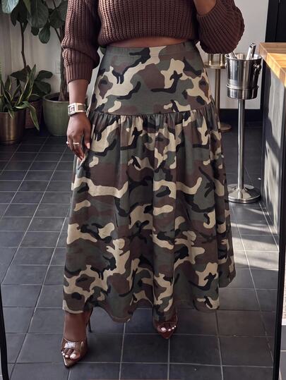 Slaydiva Plus Size Women's Camouflage Print Casual Fashion Skirt