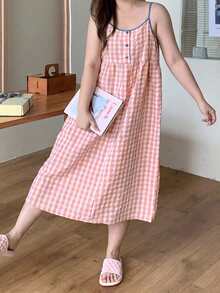 Dazy Plus Teen Girls Casual Plaid Colorblock Spaghetti Strap Nightgown, Spring Summer Autumn New Style - Pink - View 4