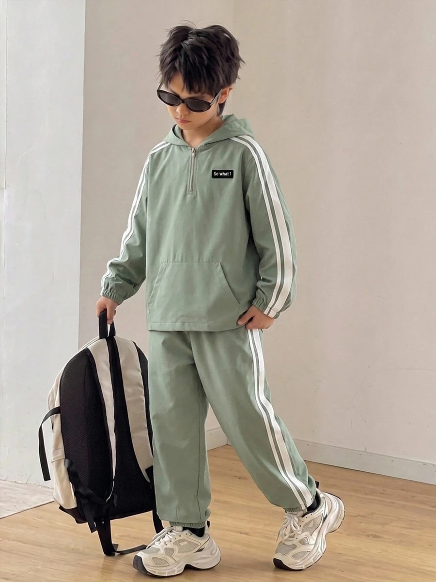 Kids 2pcs Tween Boy Summer Casual School Style Soft Hoodie Sun Protection Coat And Pants Green Set - Green - View 1