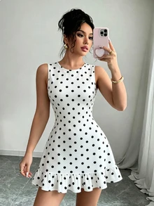 Selianne Women's New Fashion Faux Lace Knit Round Neck Sleeveless Ruffle Hem Elegant Daily Dating Commute Dress - Black and White - View 8