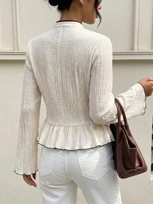 Lavishia Chinese Style Contrast Color Frog Button Elegant Shirt - Apricot - View 5