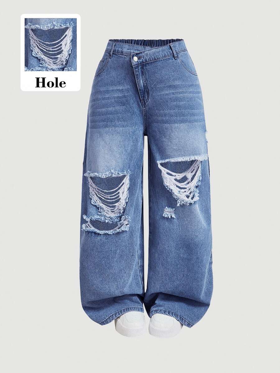 SHEIN MOD بنطلون جينز أزرق مستقيم الساق بتصميم ممزق ضيق كاجوال مقاس كبير - أزرق متوسط - مشاهدة 1
