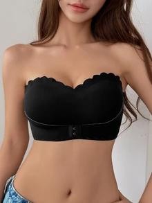 DAZY Solid Color Seamless Wavy Edge Padded Bra With Slight Push-Up For Women, Strapless - Black - View 3