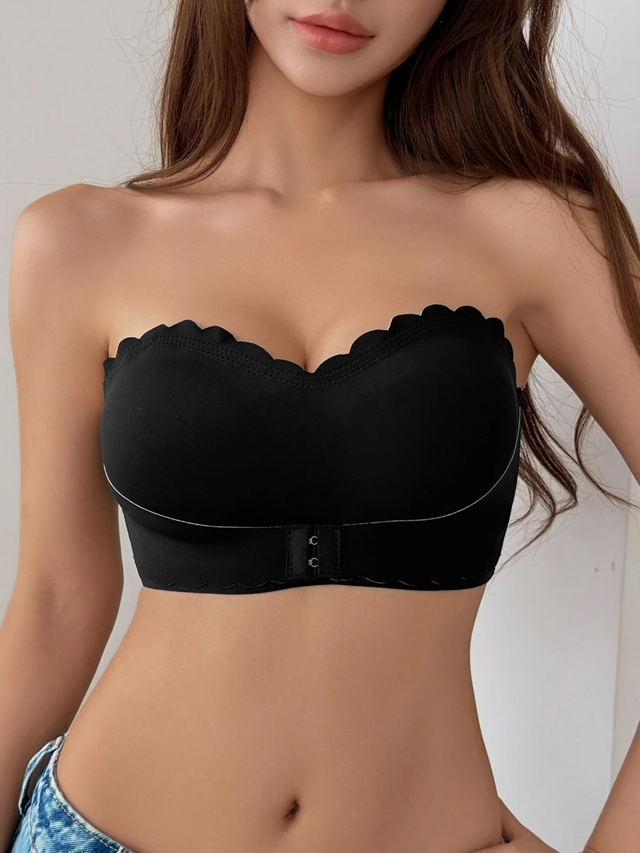 DAZY Solid Color Seamless Wavy Edge Padded Bra With Slight Push-Up For Women, Strapless - Black - View 1