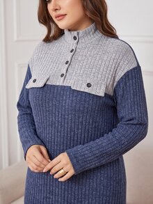 Lacomfia Autumn/Winter Elegant Casual Round Neck Pullover Knit Textured Ribbed Patchwork Faux Pocket Button Detail Long Sleeve Plus Size Women's Long Dress - Multicolor - View 5