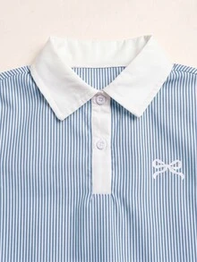 SHEIN 少女休閒舒適立領拼色羅紋素色洋裝，返校季公主風，適合畢業派對、生日派對，Y2K時尚街頭個性甜酷女孩風 - 藍色 - 查看 5