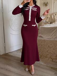 Modelyn Women's French Style Gentle Burgundy Textured Long Sleeve Chunky Knit Raw Edge Pearl Button Decorated Waist-Cinching Slimming Mermaid Mid-Length Bodycon Skirt - Burgundy - View 3