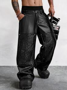 PAVTROS Men's Fashion Spider Web Embroidery Patchwork Long Pants - Black - View 1