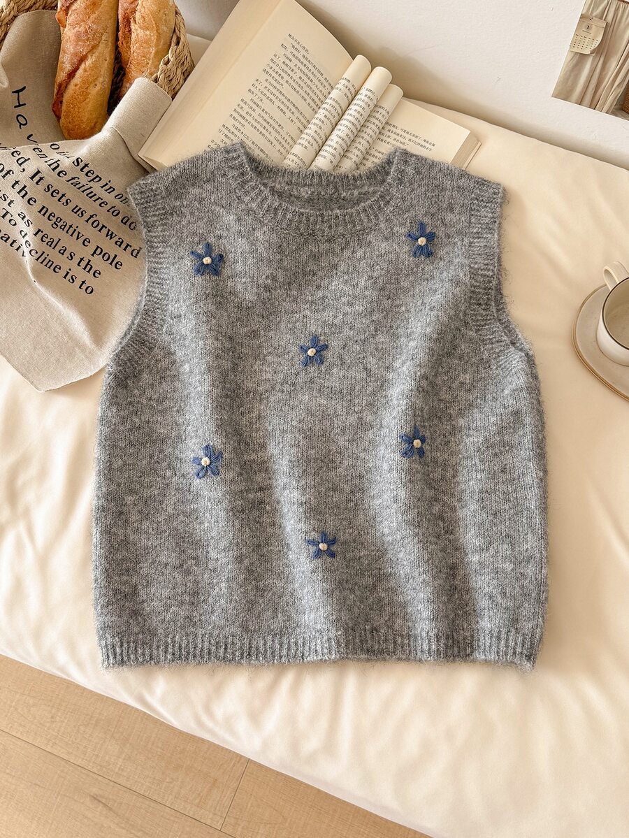 Story & Sage Women's 3D Floral Decor Round Neck Casual Knit Vest - Multicolor - View 1