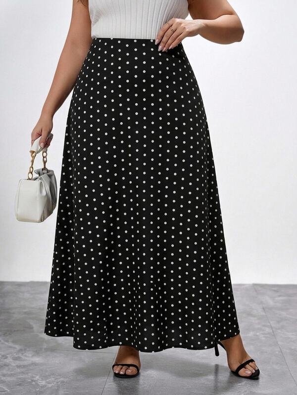 Chikora Plus Polka Dot Print A Line Skirt Fall