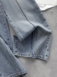 SHEIN 青少年女孩腰部繫帶寬腿寬鬆牛仔長褲 - 淺色水洗藍 - 查看 9