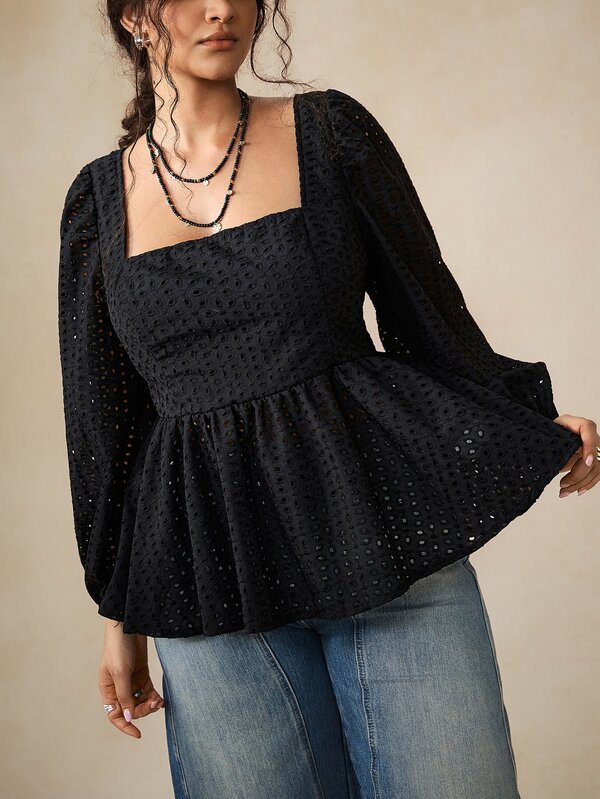 Nubod Solid Color Hollow Embroidery Square Neck Plus Size Blouse