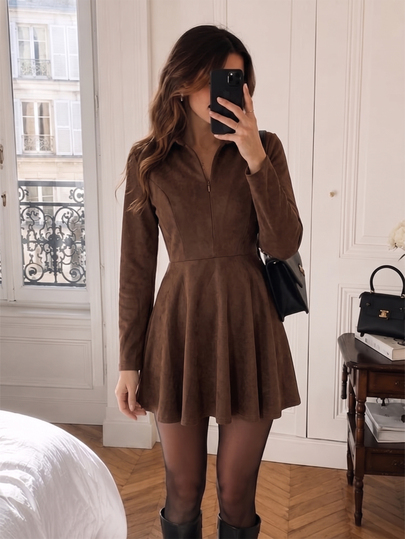 SHEIN Women's Autumn/Winter Elegant Suede Slimming Flared Skirt Lapel Front Zipper Long Sleeve Dress, Brown Inner Layer Bodycon Dress For Daily Wear And Dating
