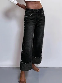 Maija Celana Jeans Wanita Model Lurus dengan Hiasan Manik-Manik - Hitam - View 7