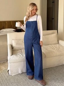 SHEIN 孕婦休閒牛仔吊帶褲 - 藍色 - 查看 6