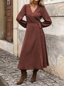 Brillora Brown And White Polka Dot Wrap Midi Dress, Long Sleeve V‑Neck For Summer Commute,Wrap Design, Clothes,Office Vacation Outfits,Christmas Boho - Brown - View 6