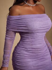 Radiana Curve Plus Size Elegant Off-Shoulder Gradient Ruched Fitted Dress Fall - Purple - View 4